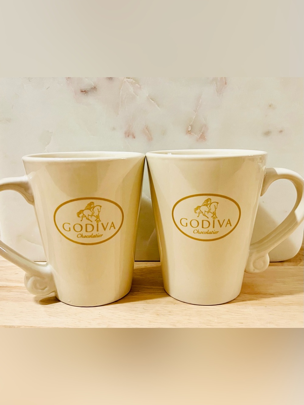 Godiva Set of 2 Cream/Gold Ceramic Coffee Mugs Cups, Gold Logo, 2009